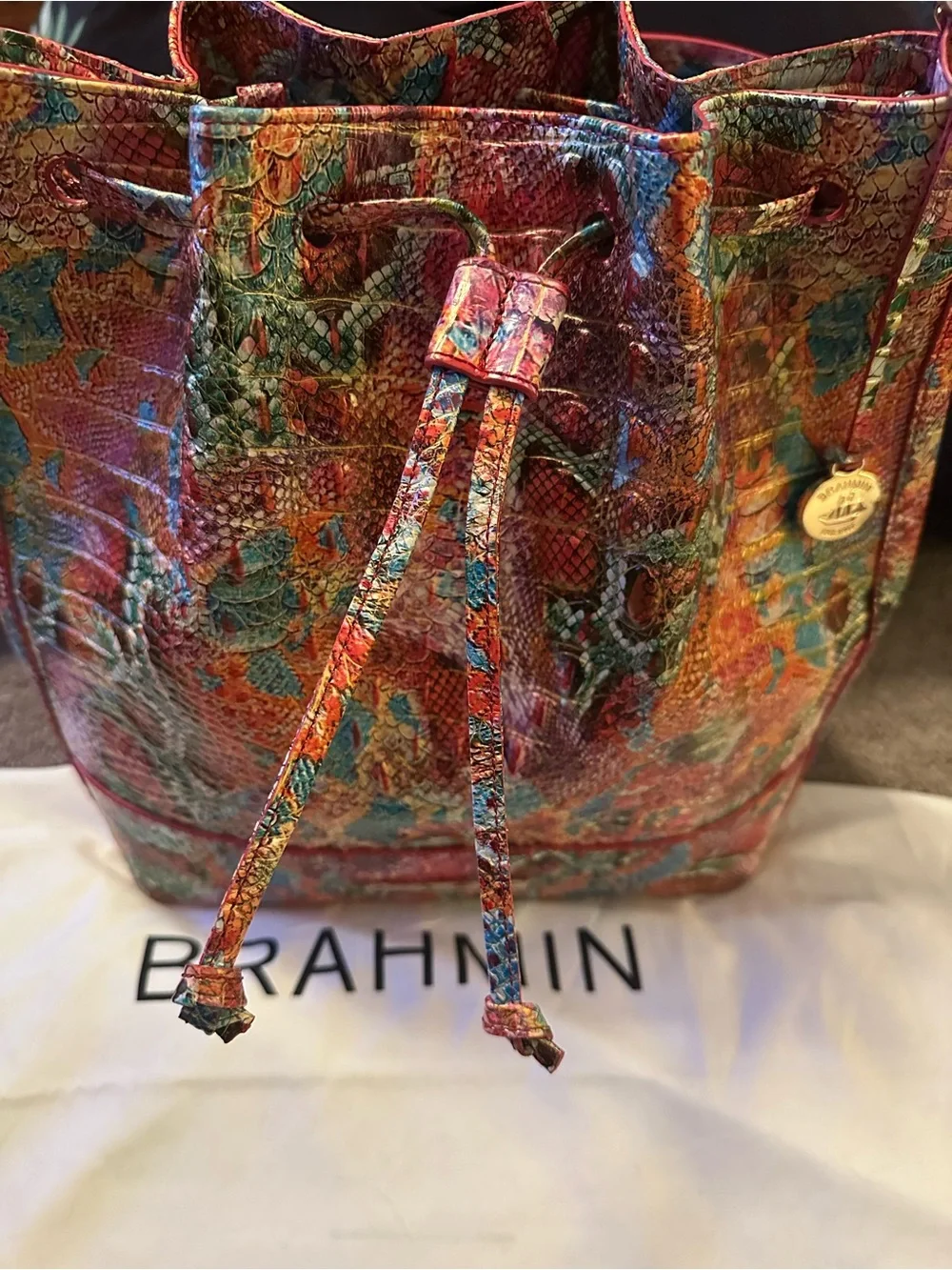 Brahmin Multicolor Drawstring Bucket Bag - Vibrant Floral Embossed Leather